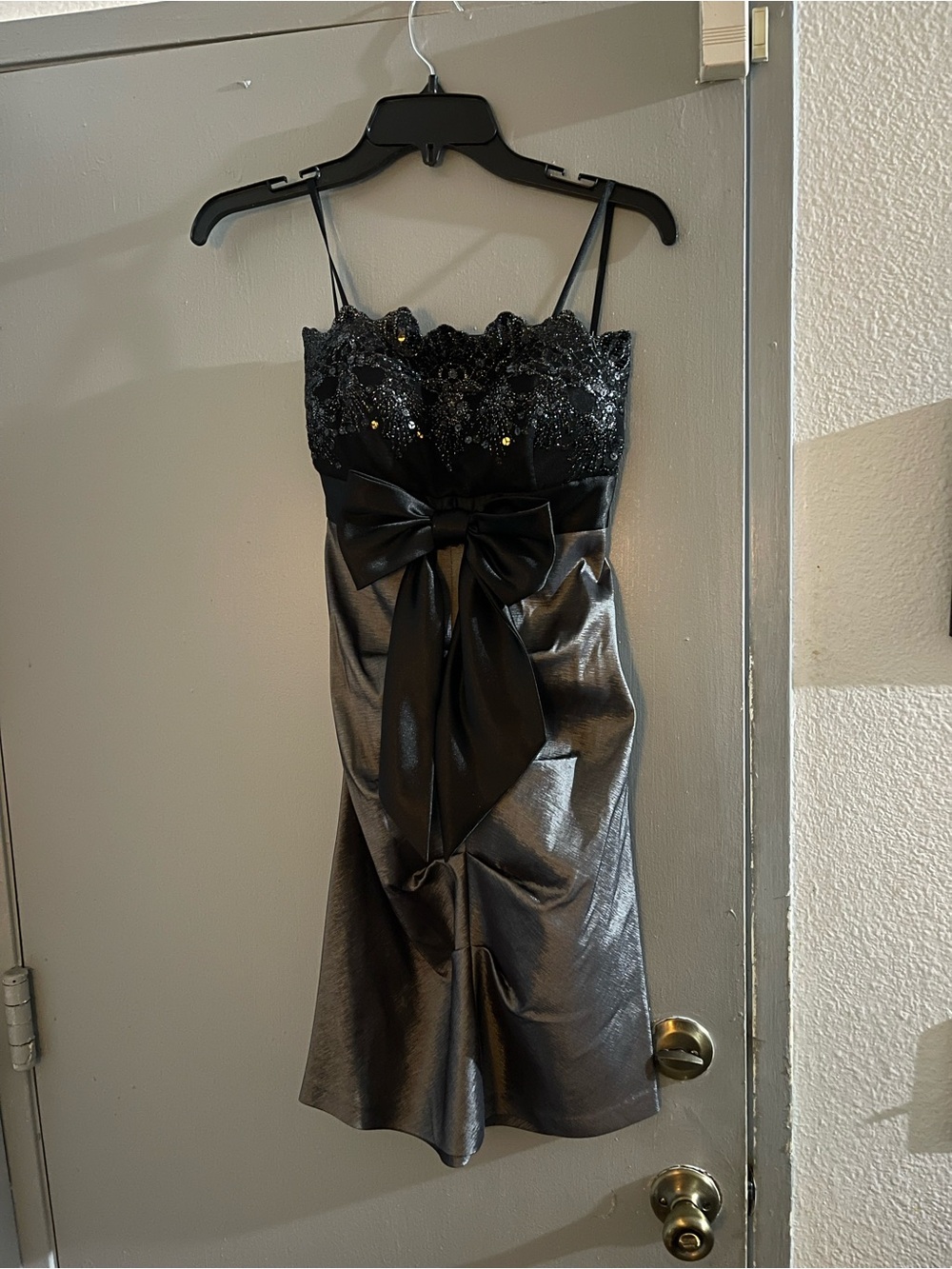 Fashion Nova Black Strapless Sequin Bodice Midi Dress with Bow